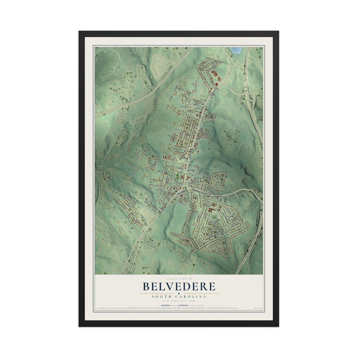 Map of Belvedere, South Carolina, 12 x 18 inch print in a black wood frame