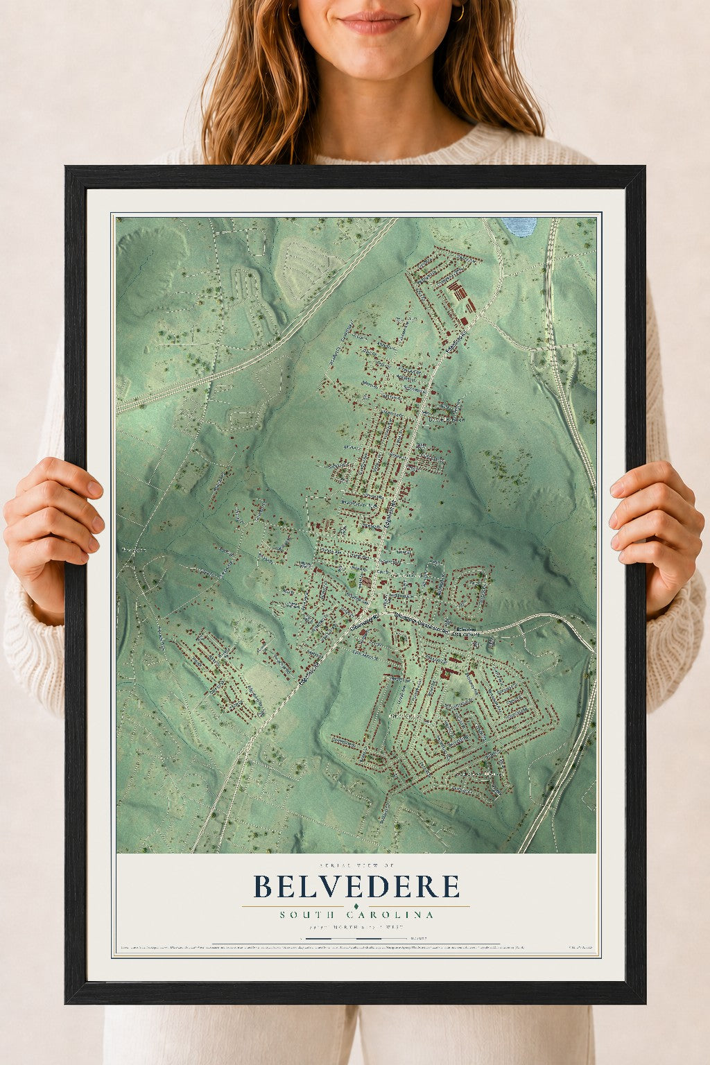 Map of Belvedere, South Carolina, 18 x 24 inch print in a black wood frame
