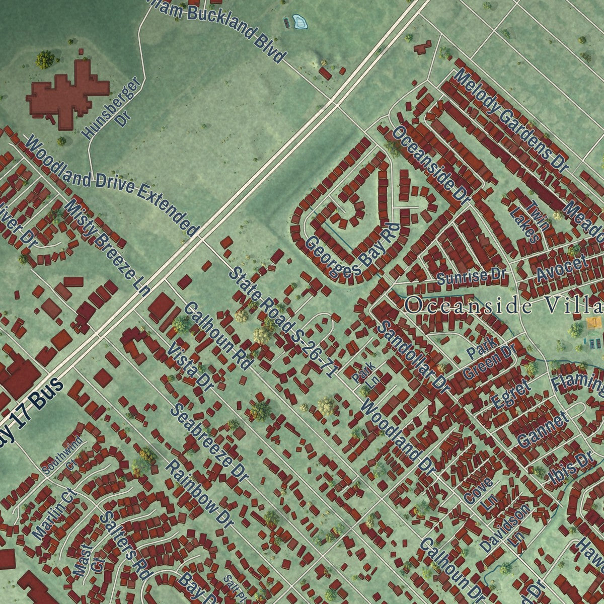 Close-up of the map of Garden City, South Carolina print showing street and building detail