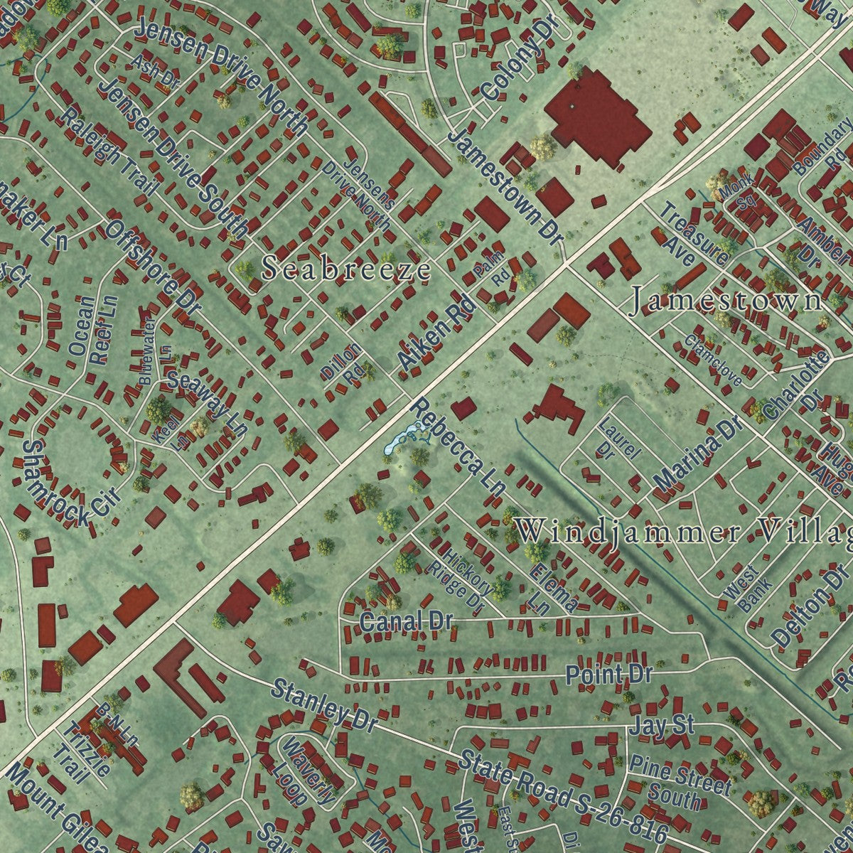 Second close-up of the map of Garden City, South Carolina print showing more streets and buildings