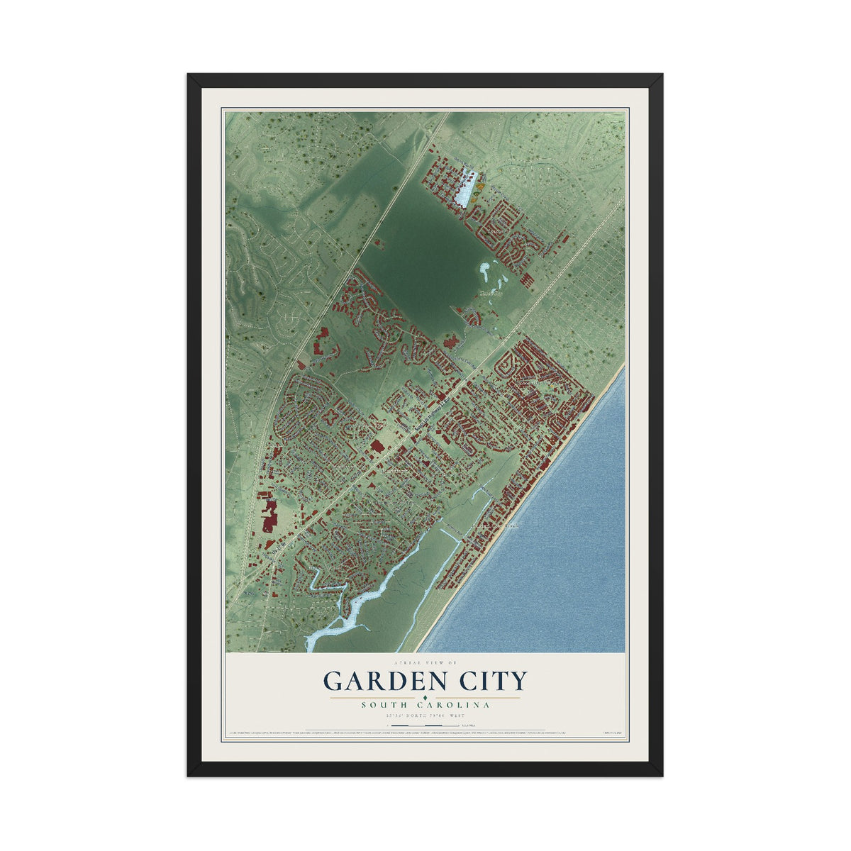 Map of Garden City, South Carolina, 12 x 18 inch print in a black wood frame