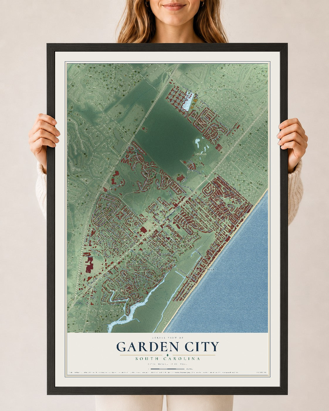Map of Garden City, South Carolina, 24 x 36 inch print in a black wood frame