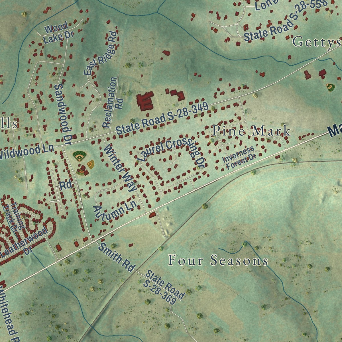 Second close-up of the map of Lugoff, South Carolina print showing more streets and buildings