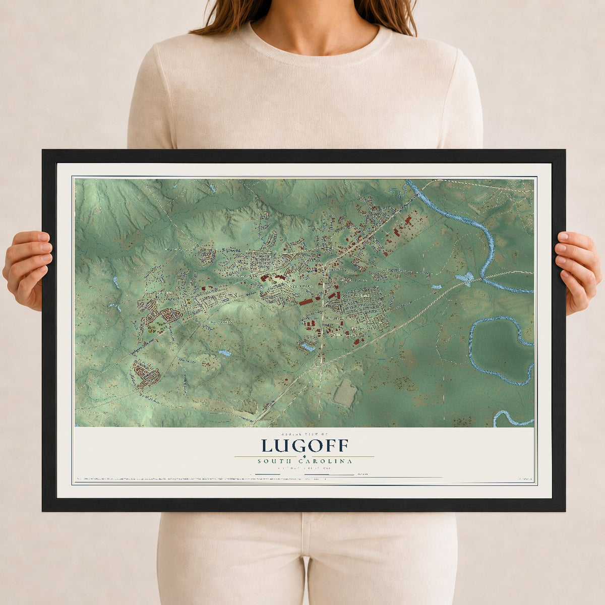 Map of Lugoff, South Carolina, 12 x 18 inch print in a black wood frame