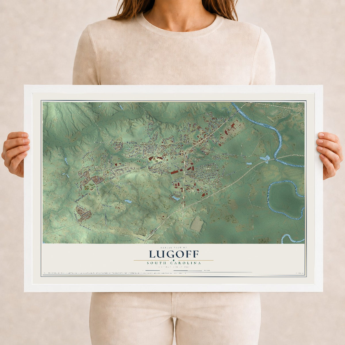 Map of Lugoff, South Carolina, 12 x 18 inch print in a white wood frame