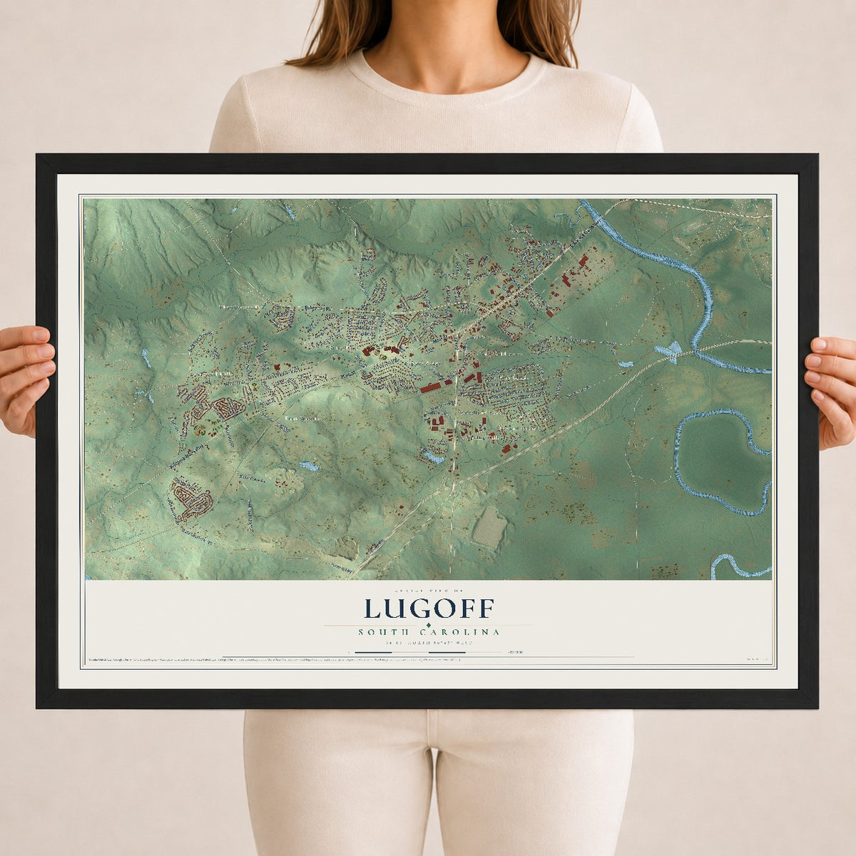 Map of Lugoff, South Carolina, 18 x 24 inch print in a black wood frame