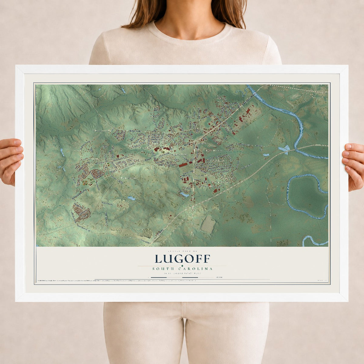 Map of Lugoff, South Carolina, 18 x 24 inch print in a white wood frame