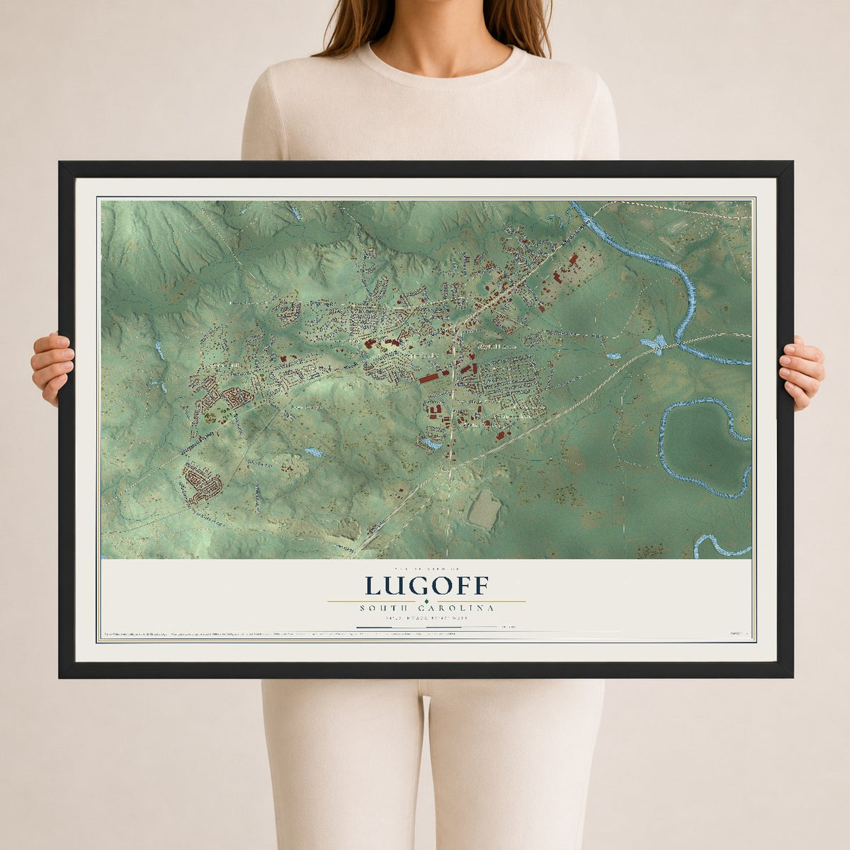 Map of Lugoff, South Carolina, 24 x 36 inch print in a black wood frame