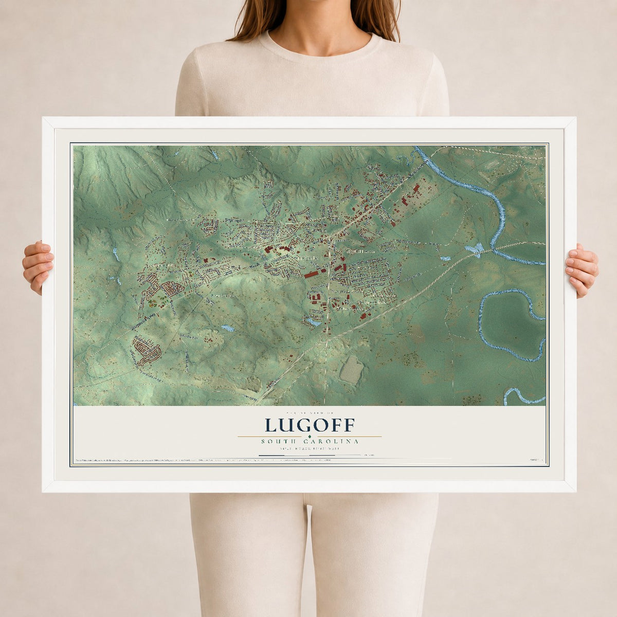 Map of Lugoff, South Carolina, 24 x 36 inch print in a white wood frame