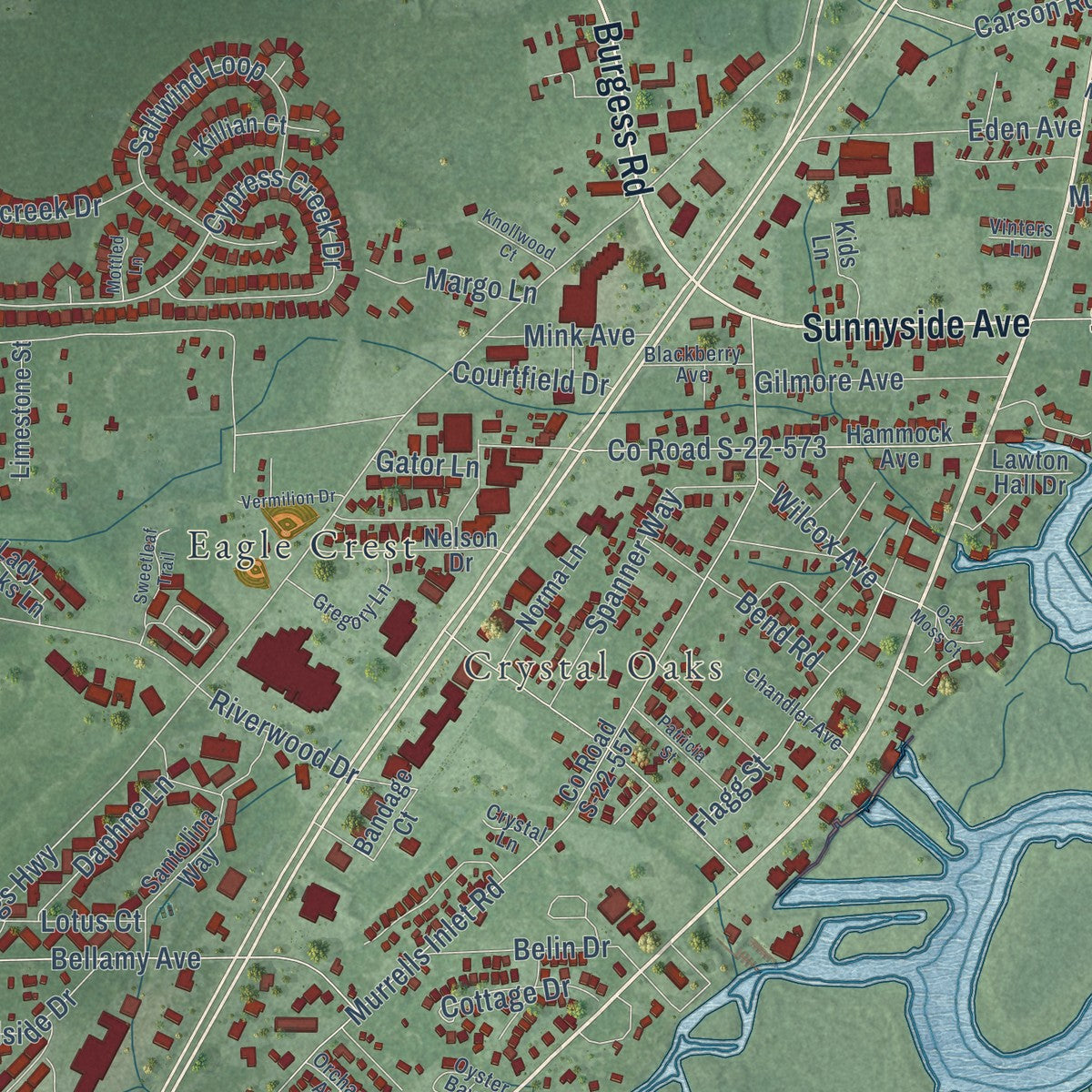 Close-up of the map of Murrells Inlet, South Carolina print showing street and building detail