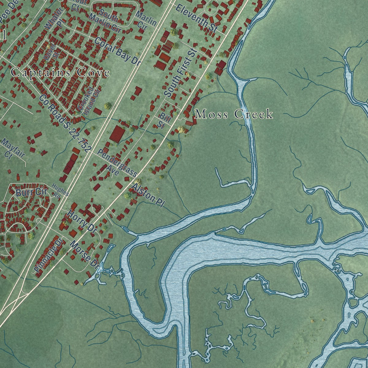 Second close-up of the map of Murrells Inlet, South Carolina print showing more streets and buildings