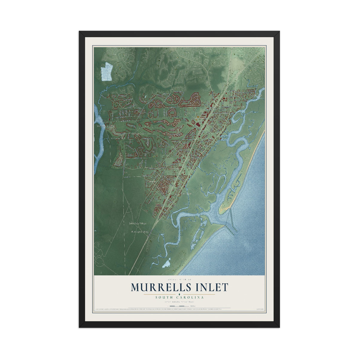 Map of Murrells Inlet, South Carolina, 12 x 18 inch print in a black wood frame