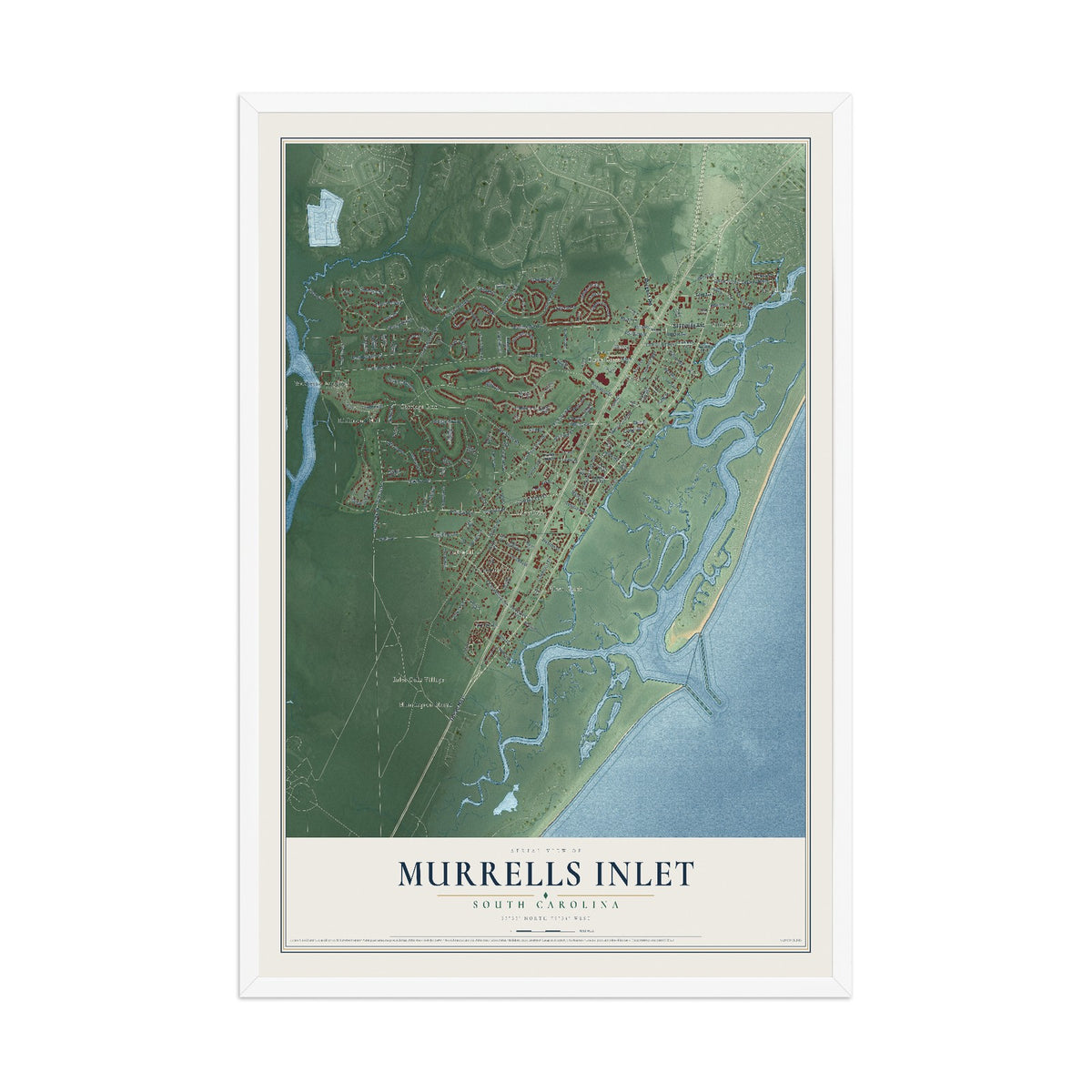 Map of Murrells Inlet, South Carolina, 12 x 18 inch print in a white wood frame