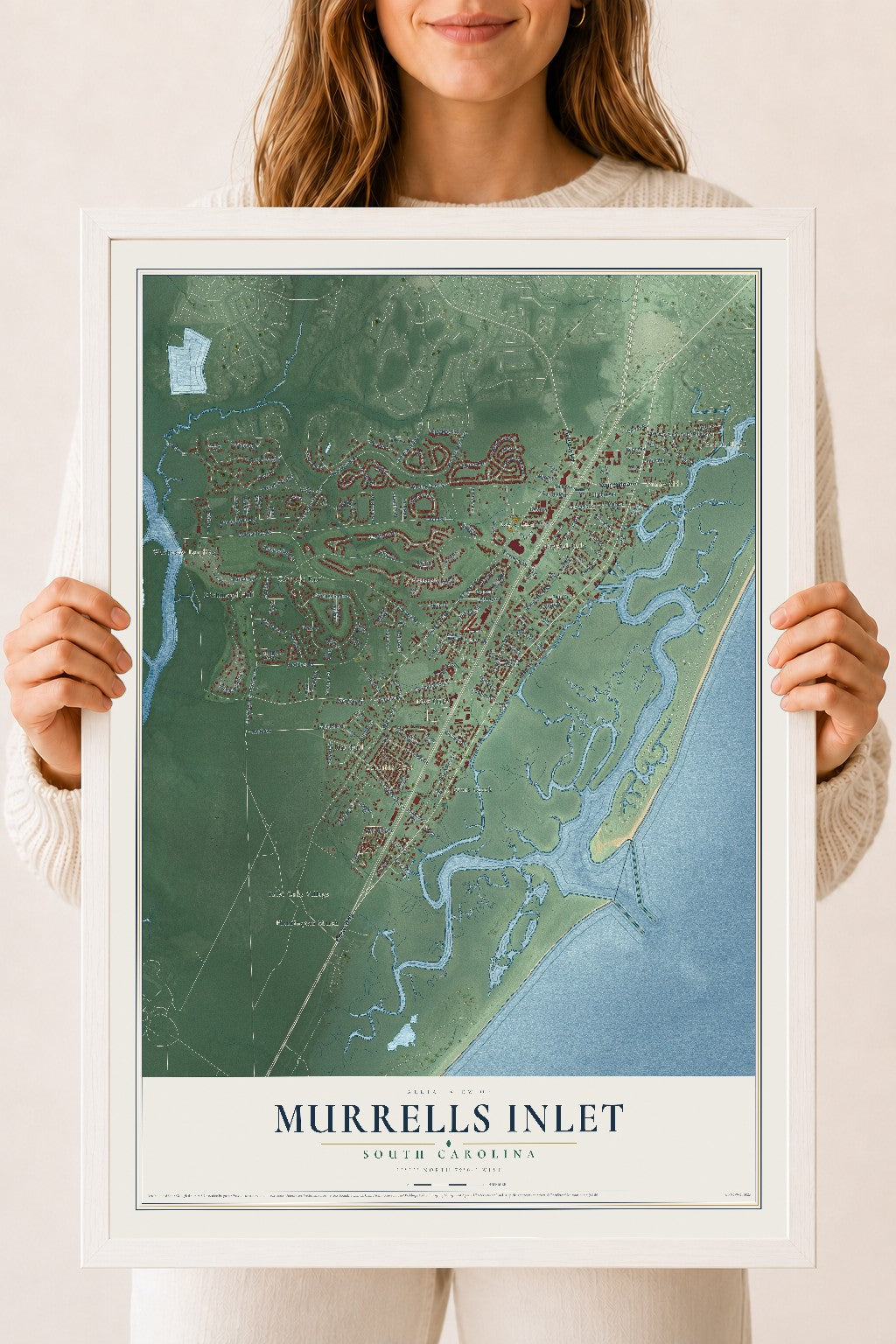 Map of Murrells Inlet, South Carolina, 18 x 24 inch print in a white wood frame