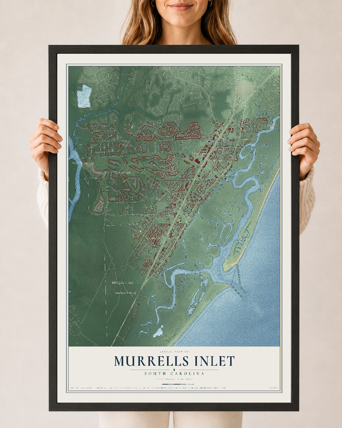 Map of Murrells Inlet, South Carolina, 24 x 36 inch print in a black wood frame