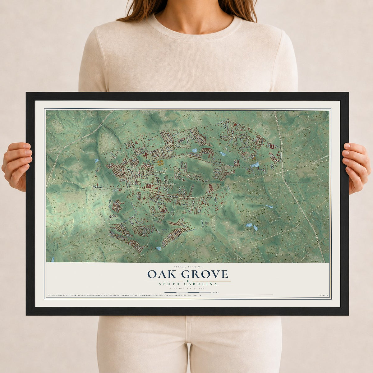 Map of Oak Grove, South Carolina, 12 x 18 inch print in a black wood frame