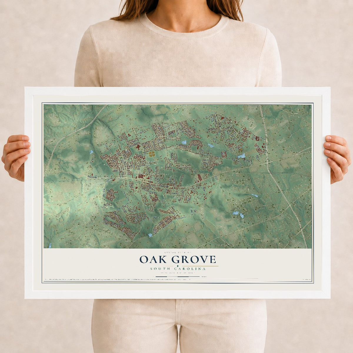 Map of Oak Grove, South Carolina, 12 x 18 inch print in a white wood frame
