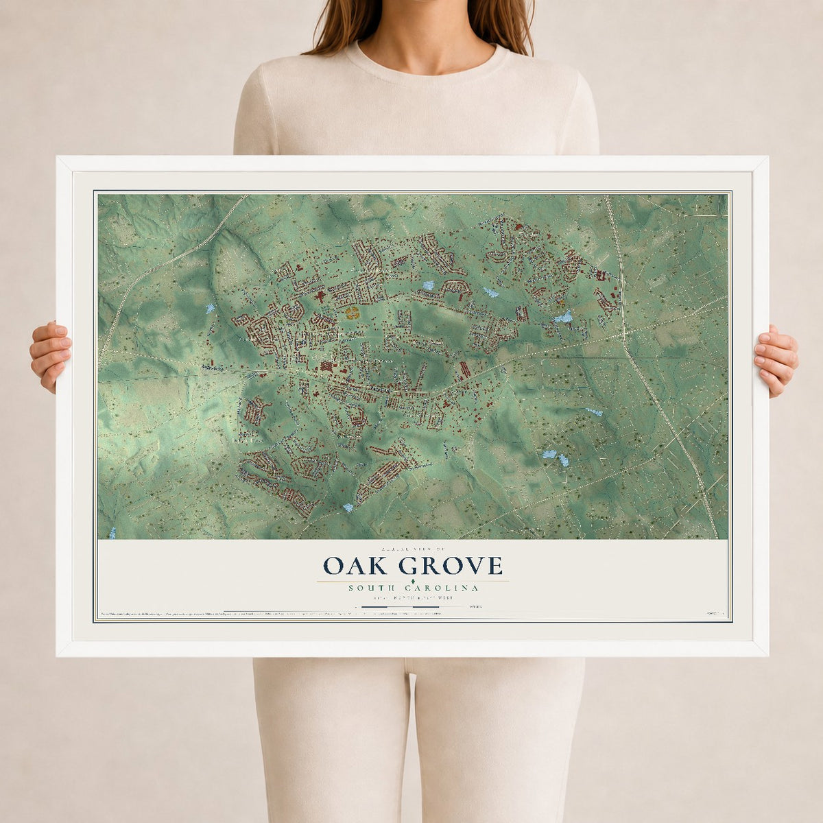 Map of Oak Grove, South Carolina, 24 x 36 inch print in a white wood frame