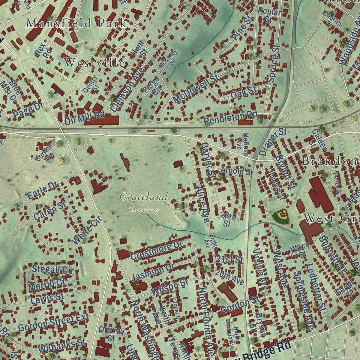 Close-up of the map of Parker, South Carolina print showing street and building detail