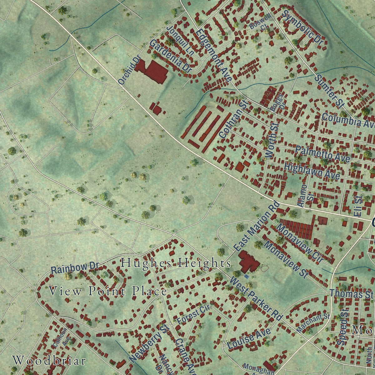 Second close-up of the map of Parker, South Carolina print showing more streets and buildings