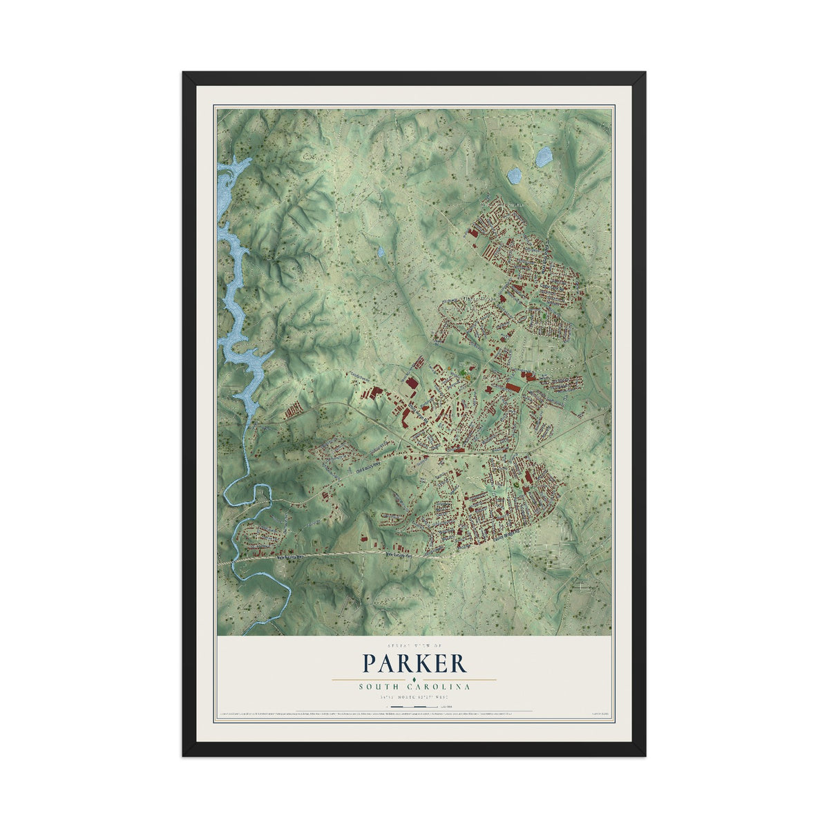 Map of Parker, South Carolina, 12 x 18 inch print in a black wood frame