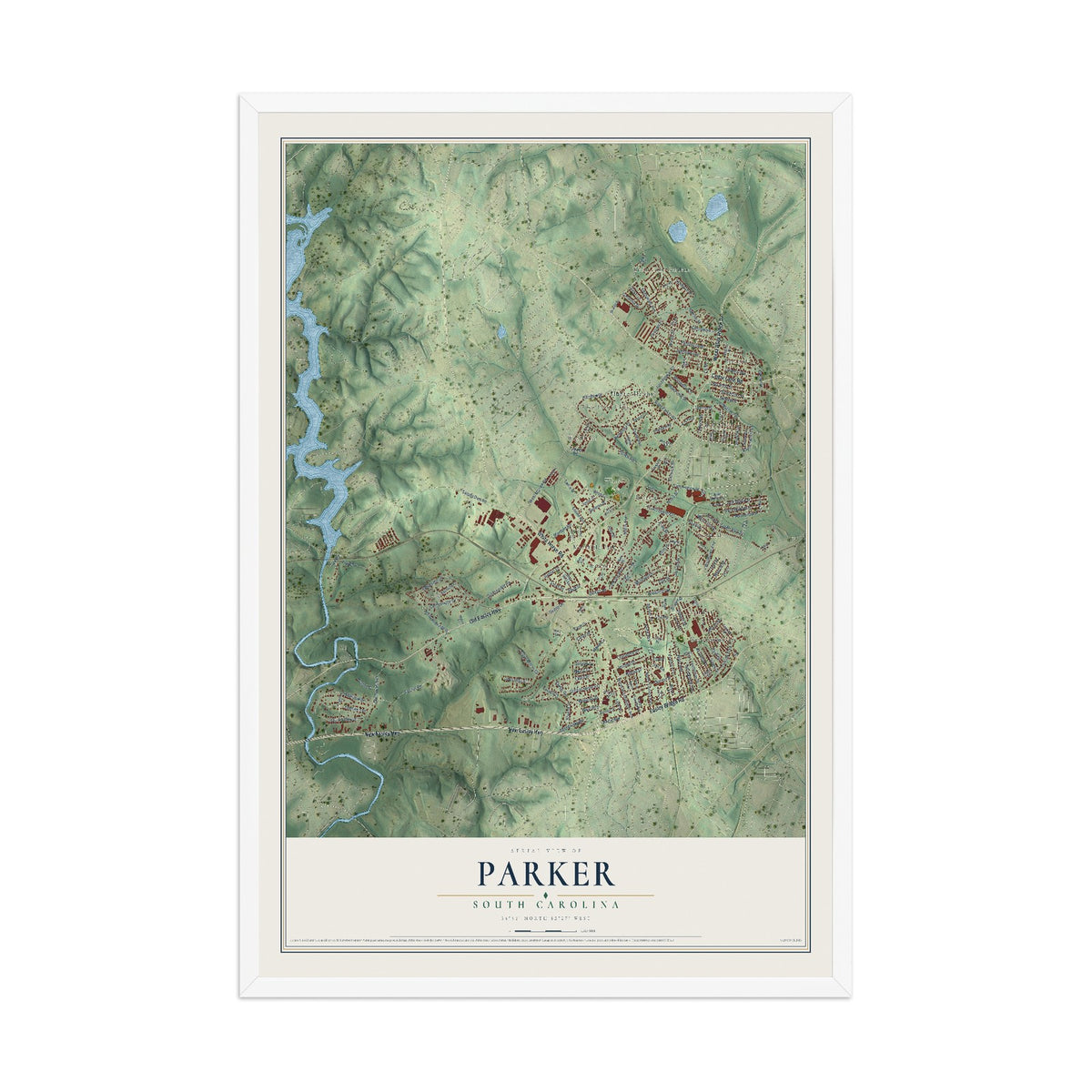 Map of Parker, South Carolina, 12 x 18 inch print in a white wood frame