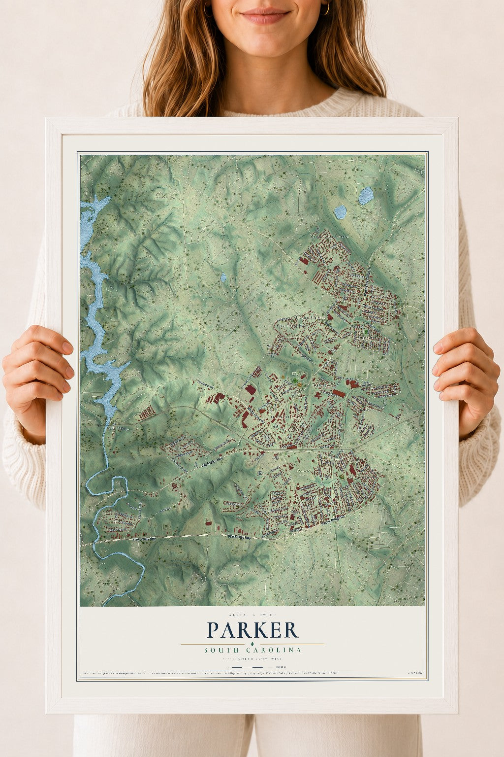 Map of Parker, South Carolina, 18 x 24 inch print in a white wood frame