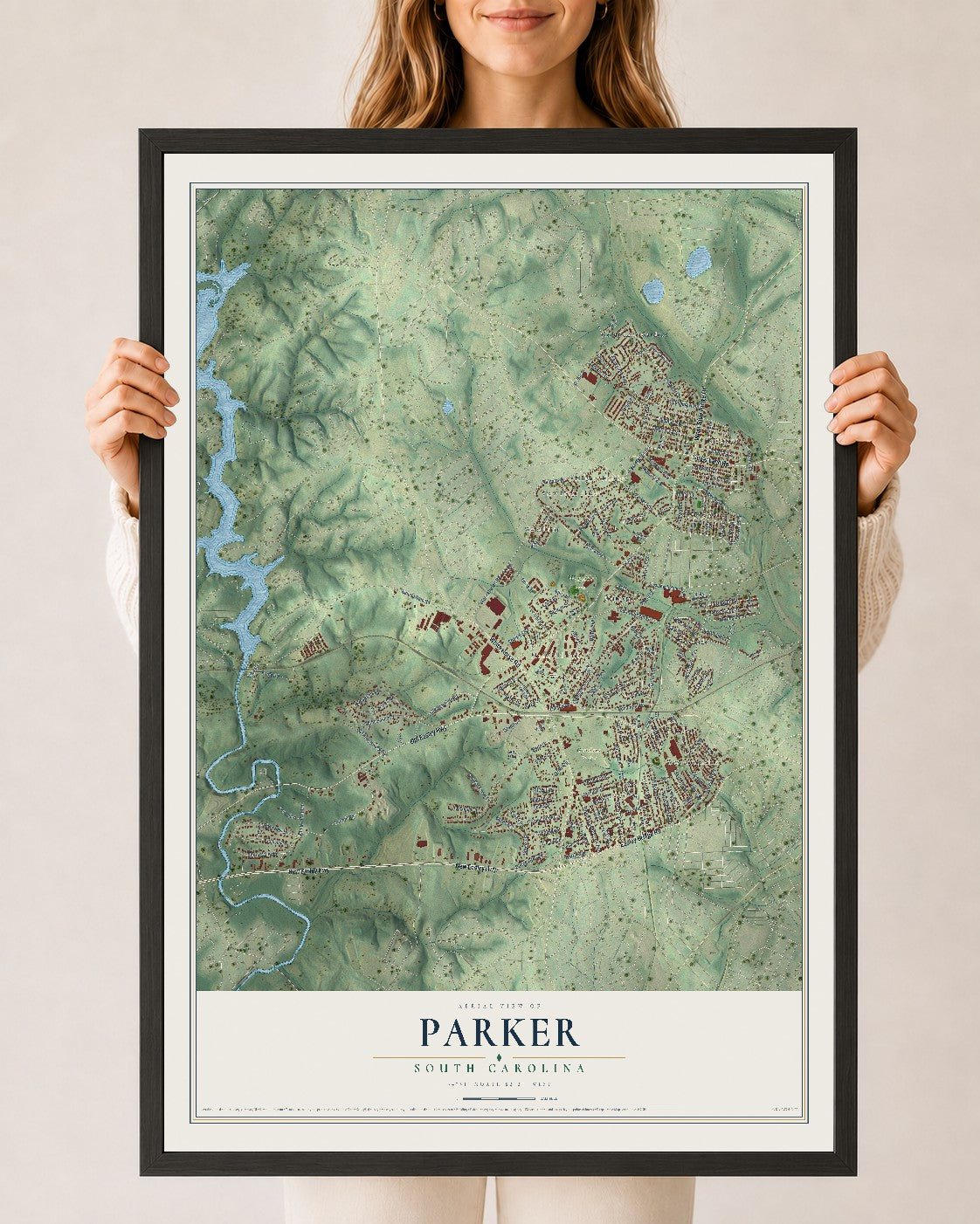 Map of Parker, South Carolina, 24 x 36 inch print in a black wood frame