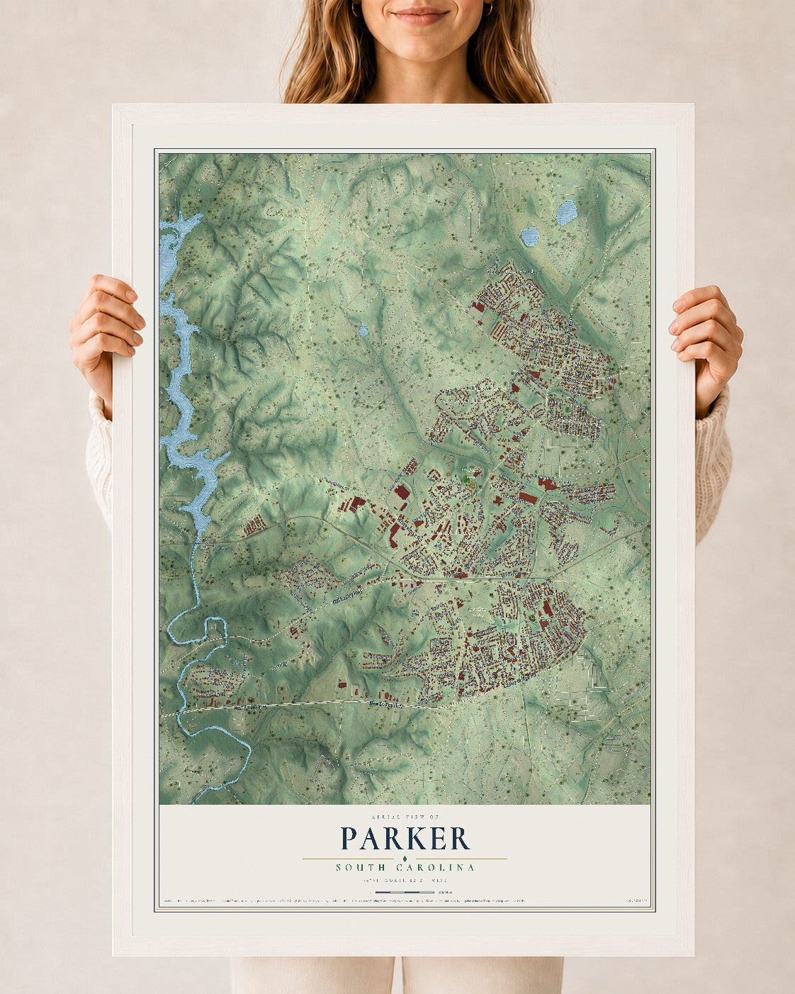 Map of Parker, South Carolina, 24 x 36 inch print in a white wood frame