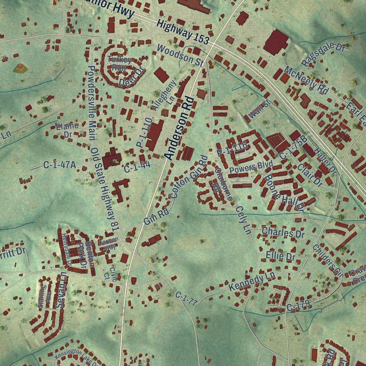 Close-up of the map of Powdersville, South Carolina print showing street and building detail