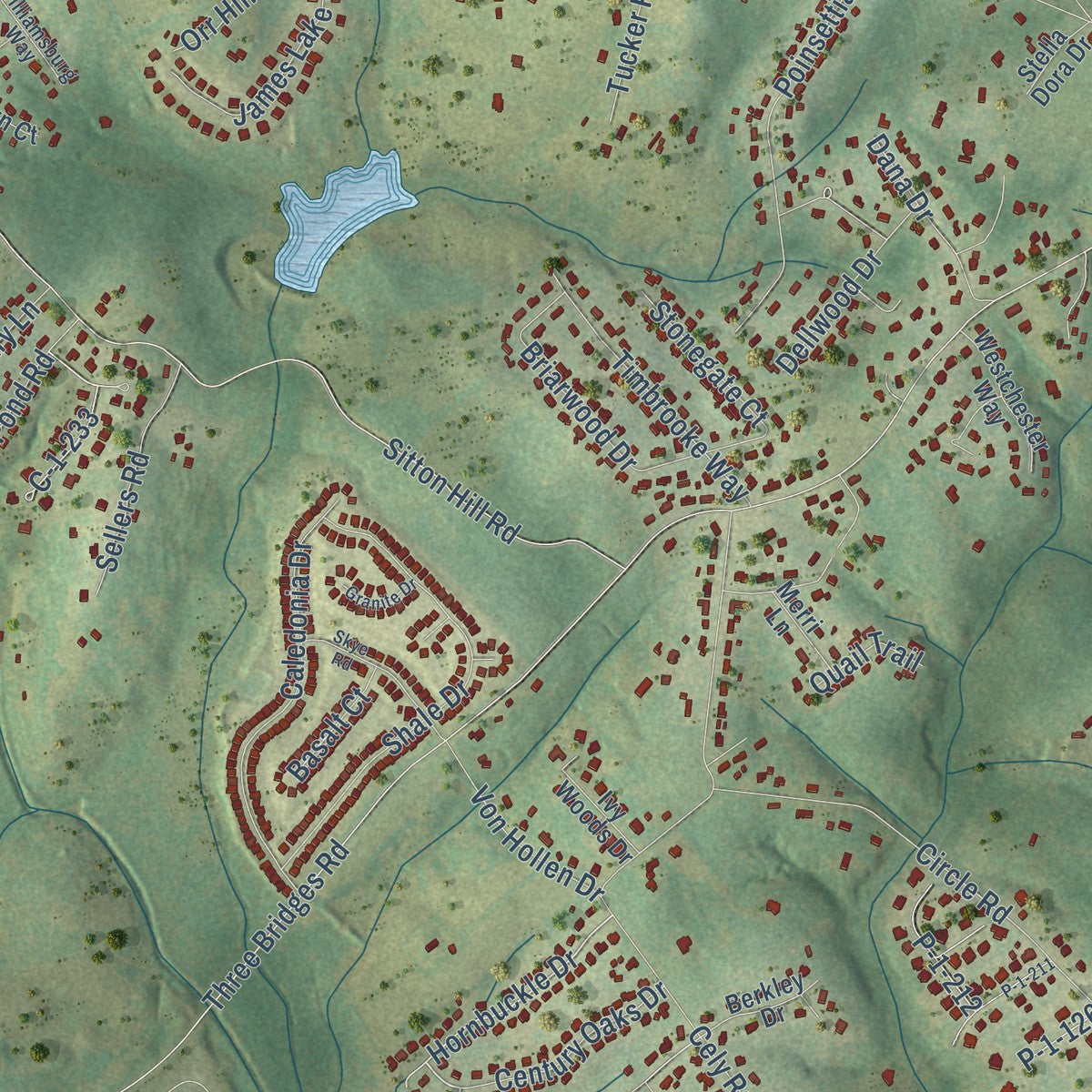 Second close-up of the map of Powdersville, South Carolina print showing more streets and buildings