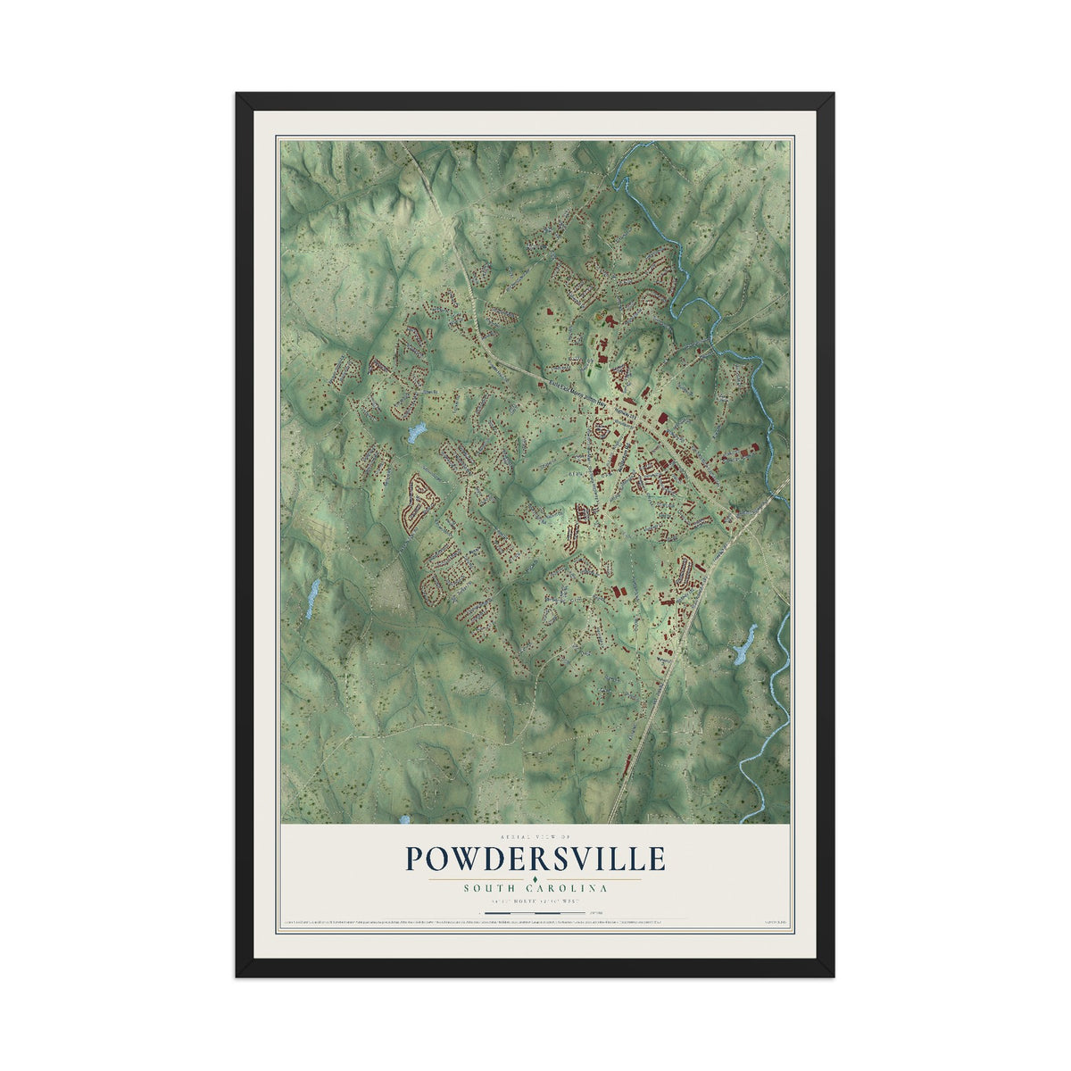 Map of Powdersville, South Carolina, 12 x 18 inch print in a black wood frame