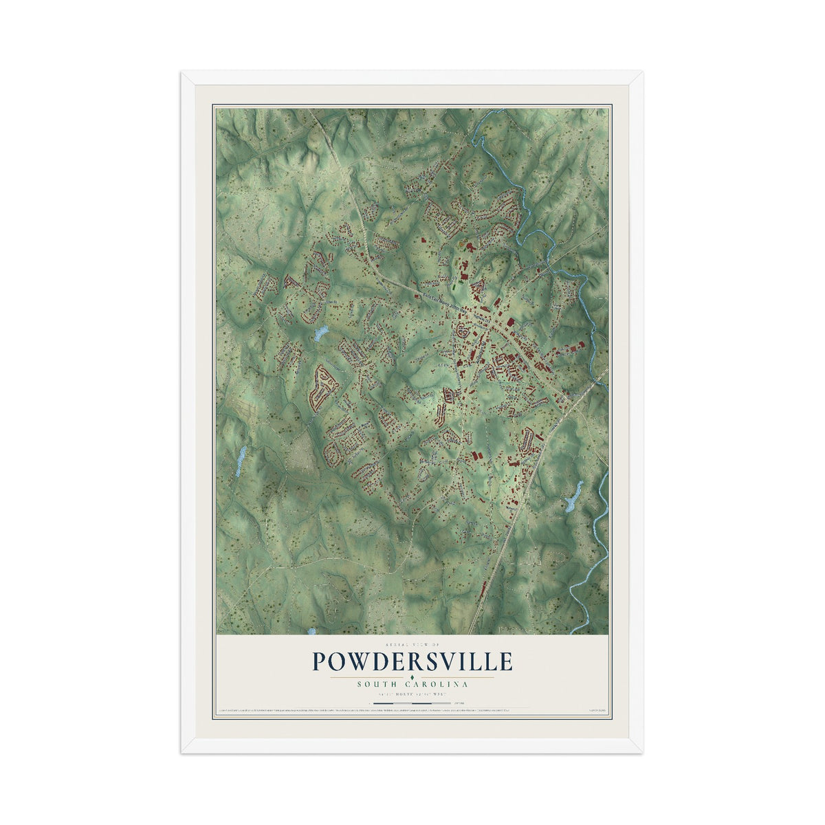 Map of Powdersville, South Carolina, 12 x 18 inch print in a white wood frame