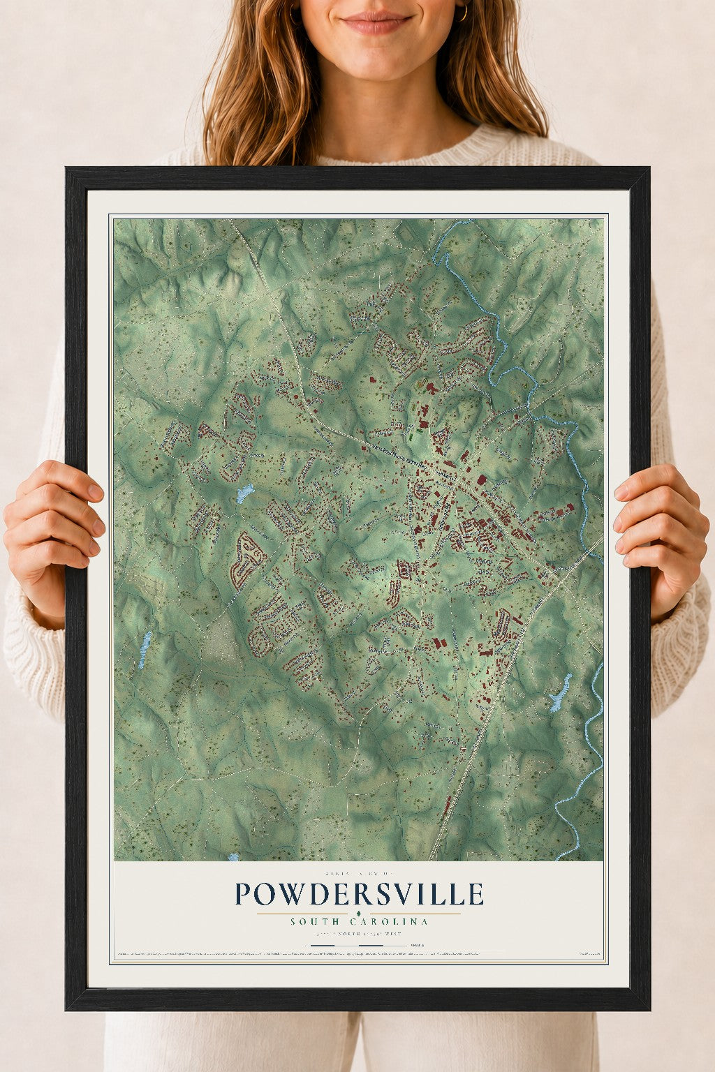 Map of Powdersville, South Carolina, 18 x 24 inch print in a black wood frame
