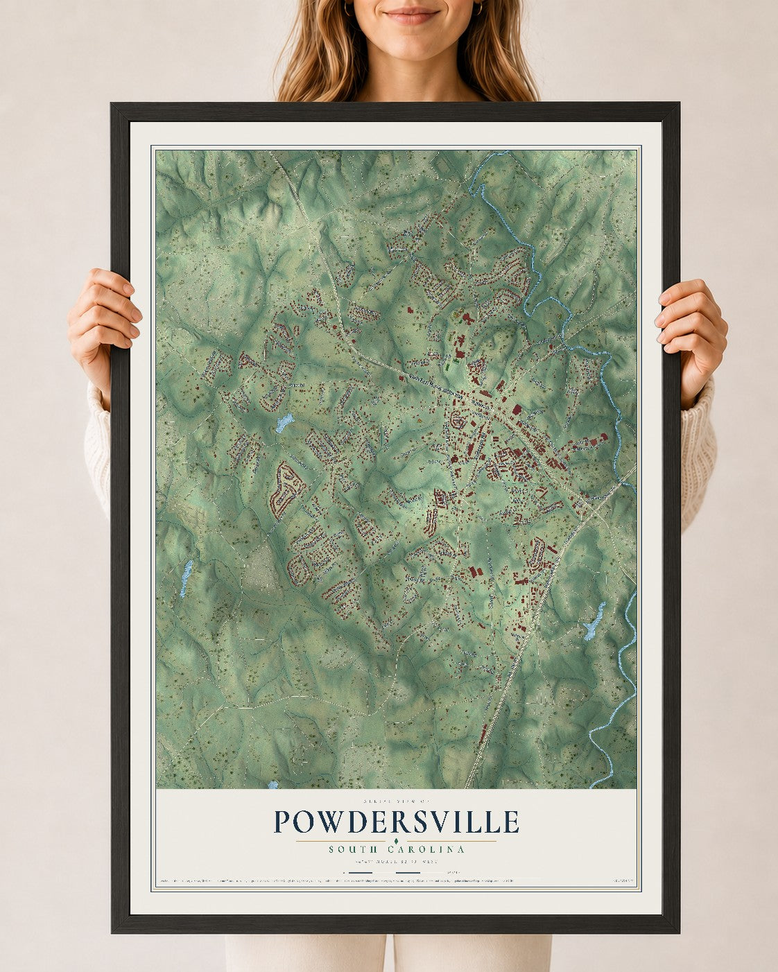 Map of Powdersville, South Carolina, 24 x 36 inch print in a black wood frame