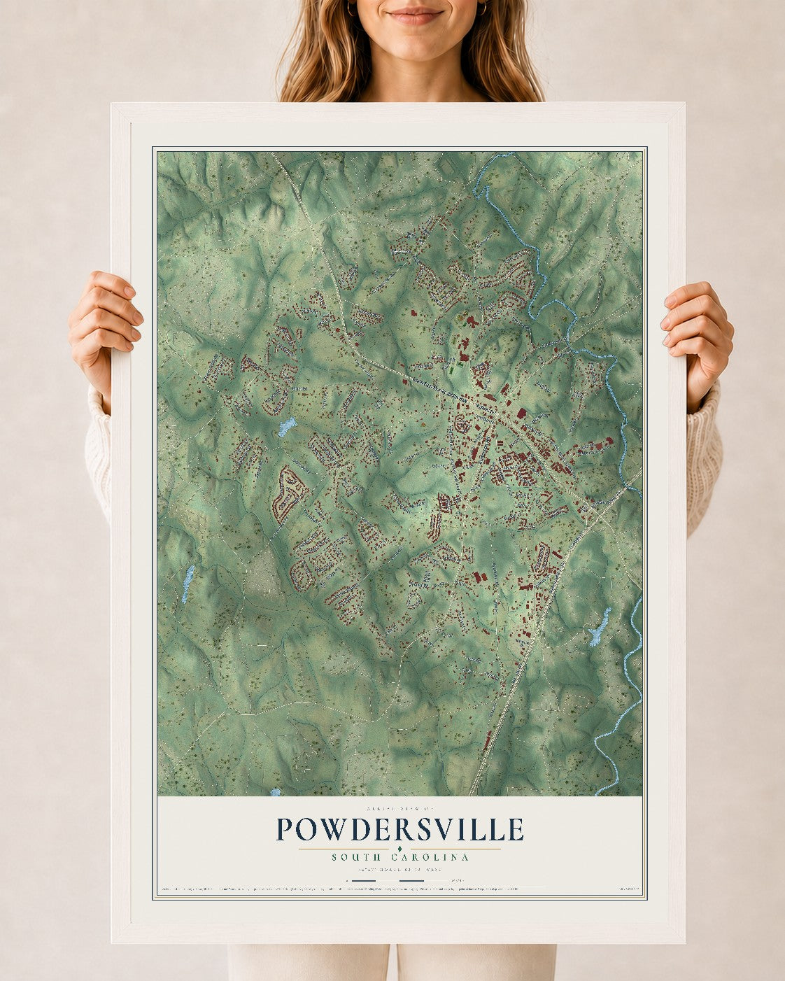 Map of Powdersville, South Carolina, 24 x 36 inch print in a white wood frame