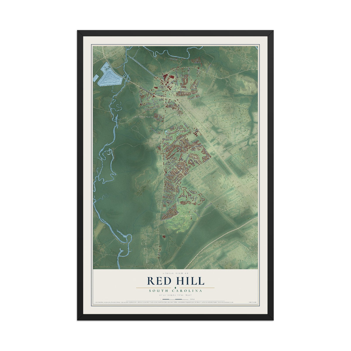 Map of Red Hill, South Carolina, 12 x 18 inch print in a black wood frame