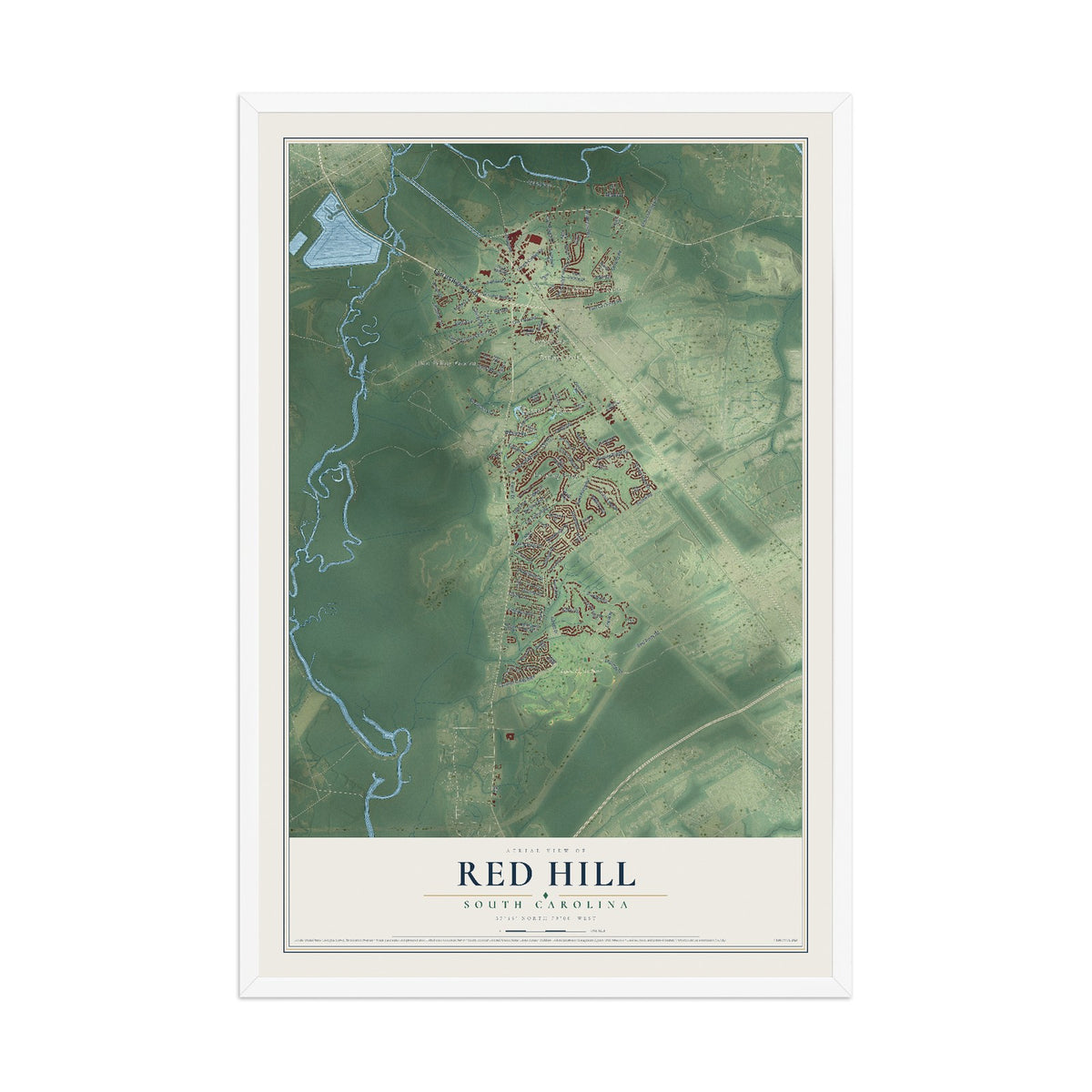 Map of Red Hill, South Carolina, 12 x 18 inch print in a white wood frame