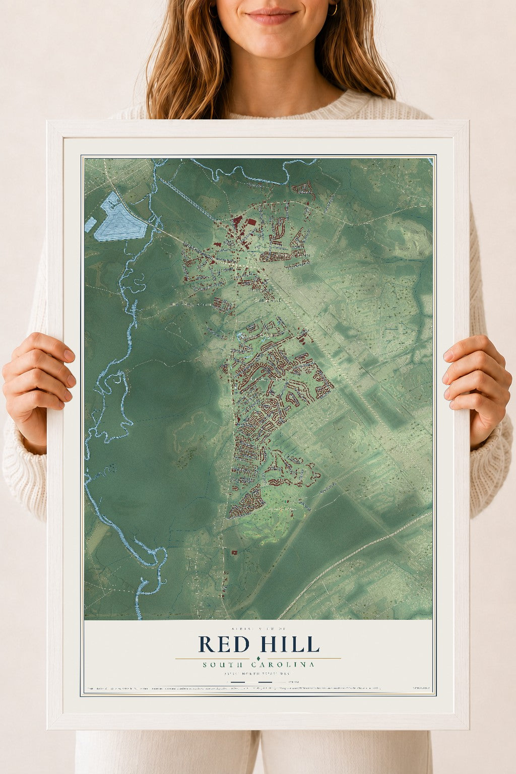 Map of Red Hill, South Carolina, 18 x 24 inch print in a white wood frame
