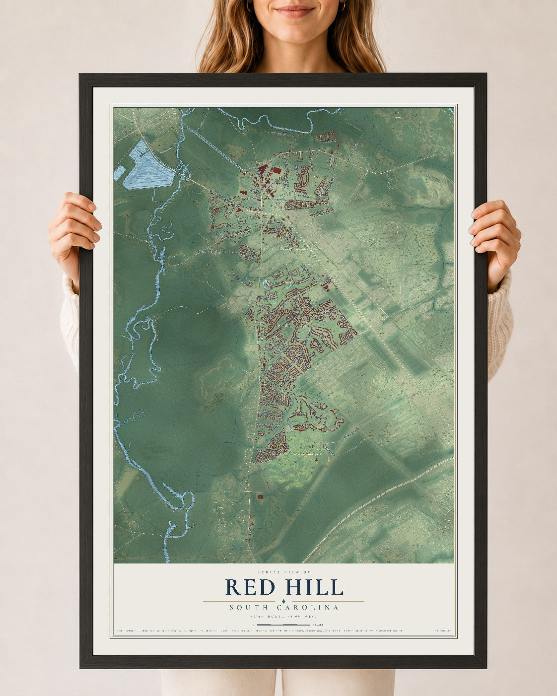 Map of Red Hill, South Carolina, 24 x 36 inch print in a black wood frame