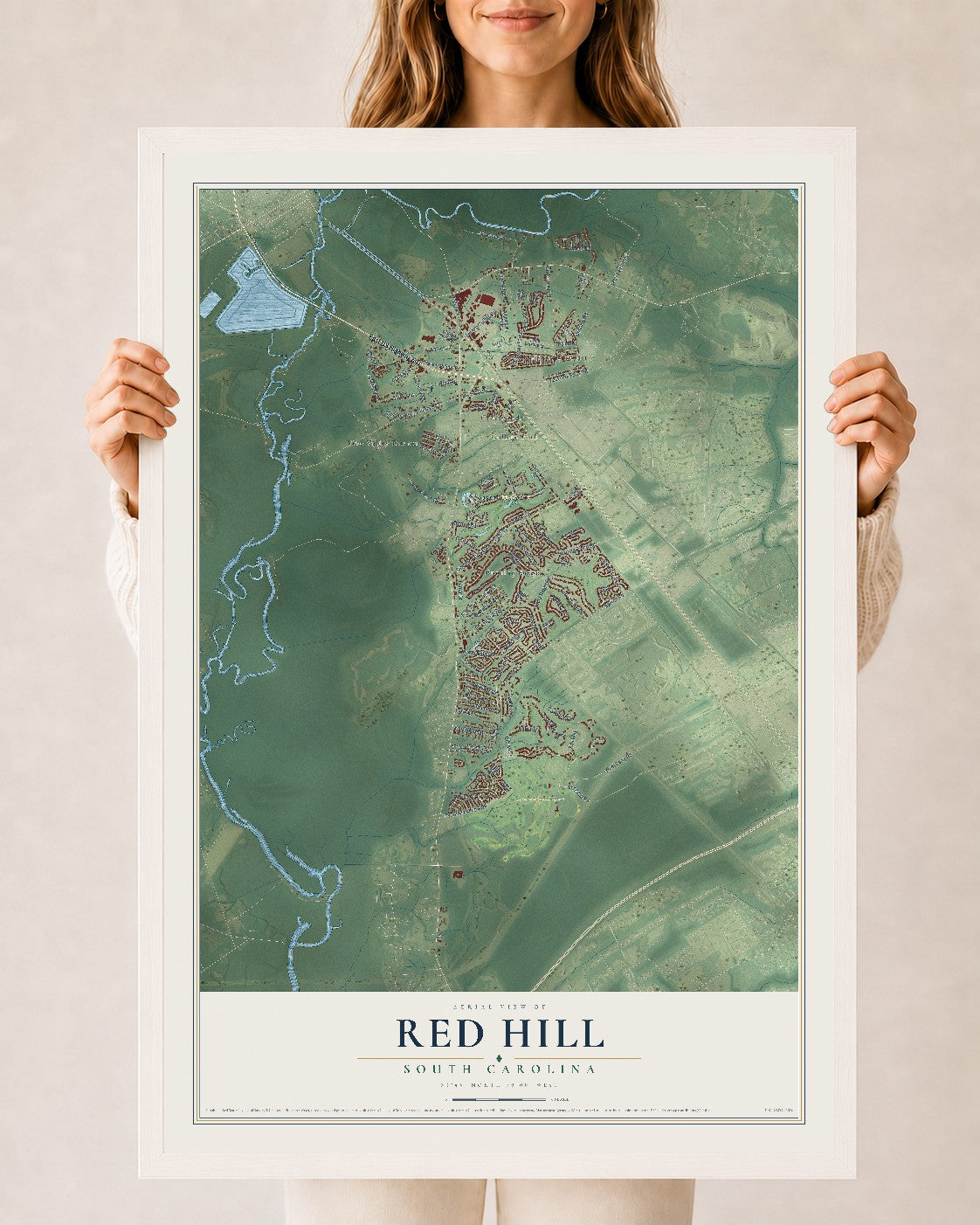 Map of Red Hill, South Carolina, 24 x 36 inch print in a white wood frame
