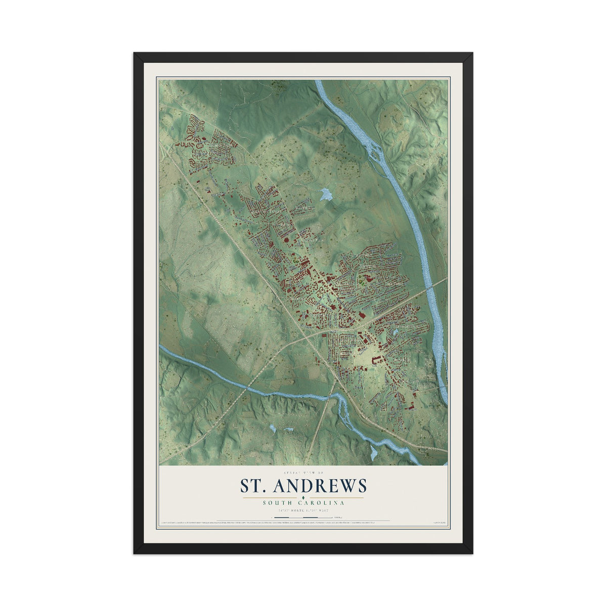 Map of St. Andrews, South Carolina, 12 x 18 inch print in a black wood frame