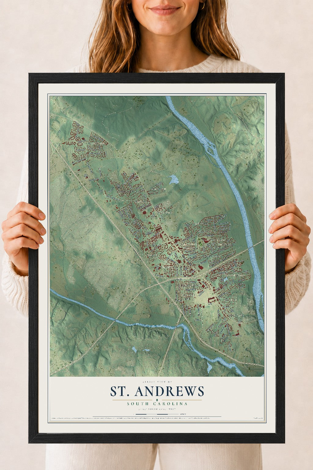 Map of St. Andrews, South Carolina, 18 x 24 inch print in a black wood frame