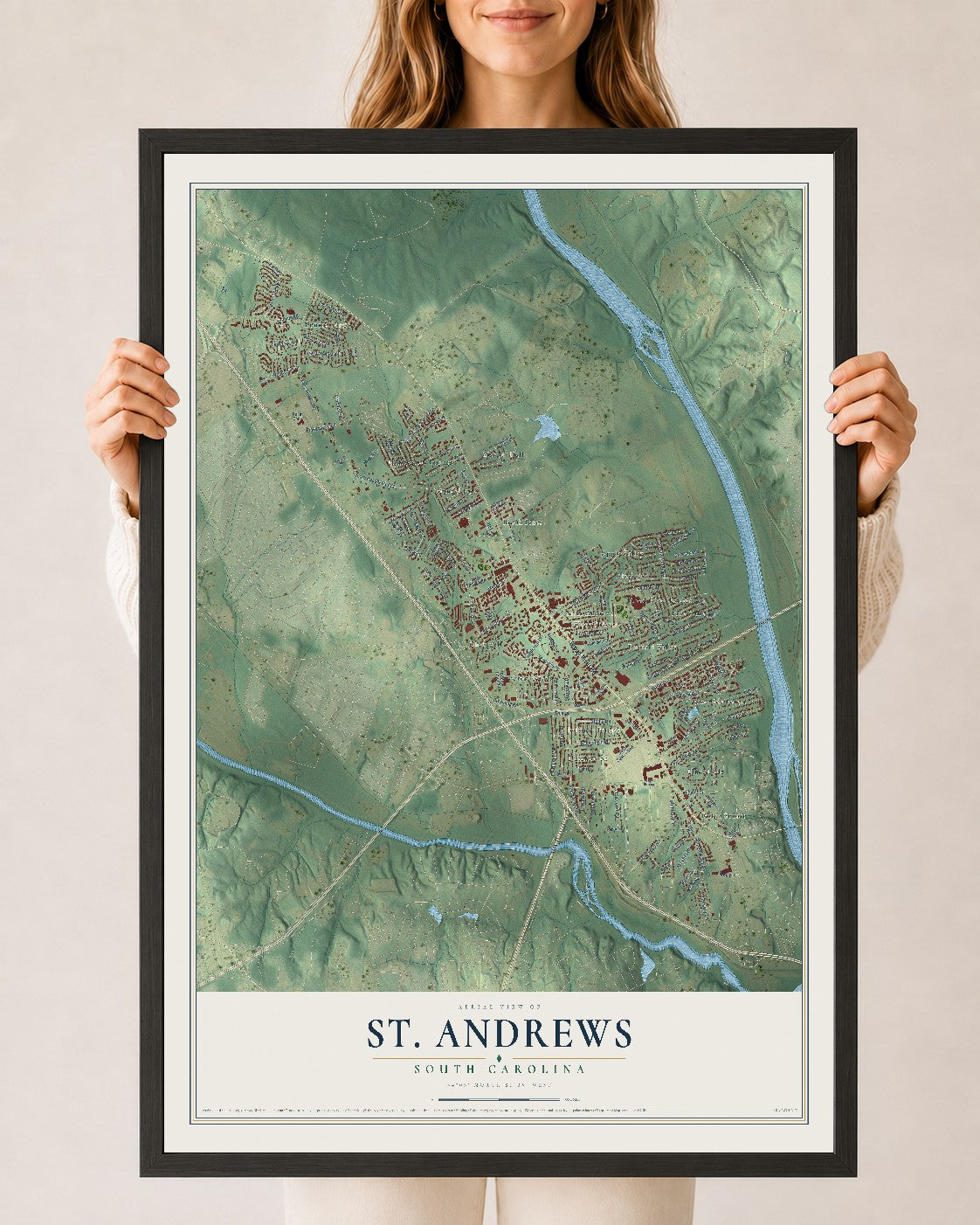 Map of St. Andrews, South Carolina, 24 x 36 inch print in a black wood frame