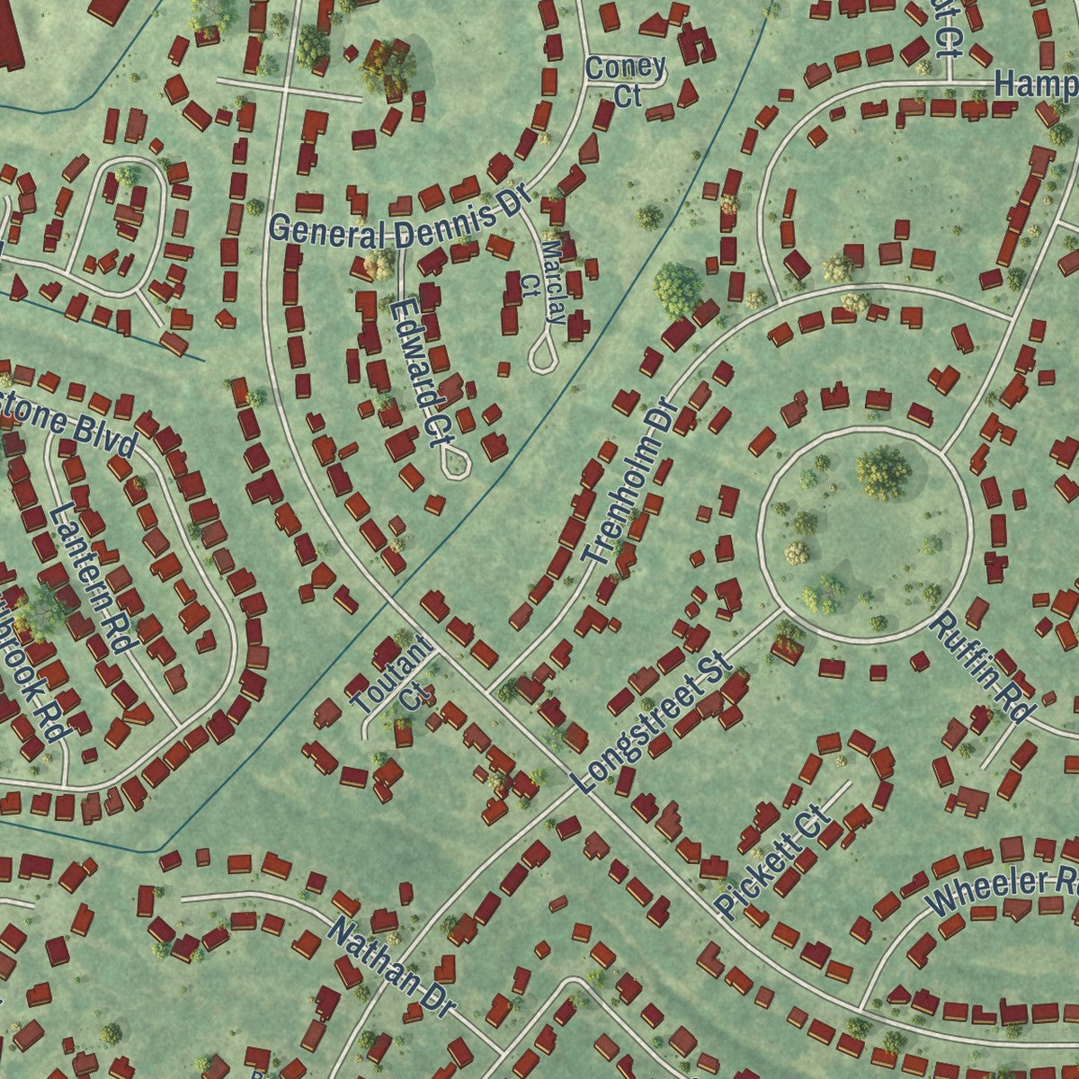 Close-up of the map of Sangaree, South Carolina print showing street and building detail