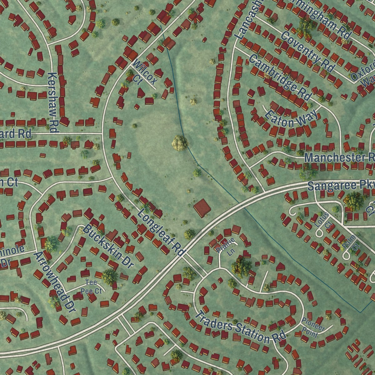 Second close-up of the map of Sangaree, South Carolina print showing more streets and buildings