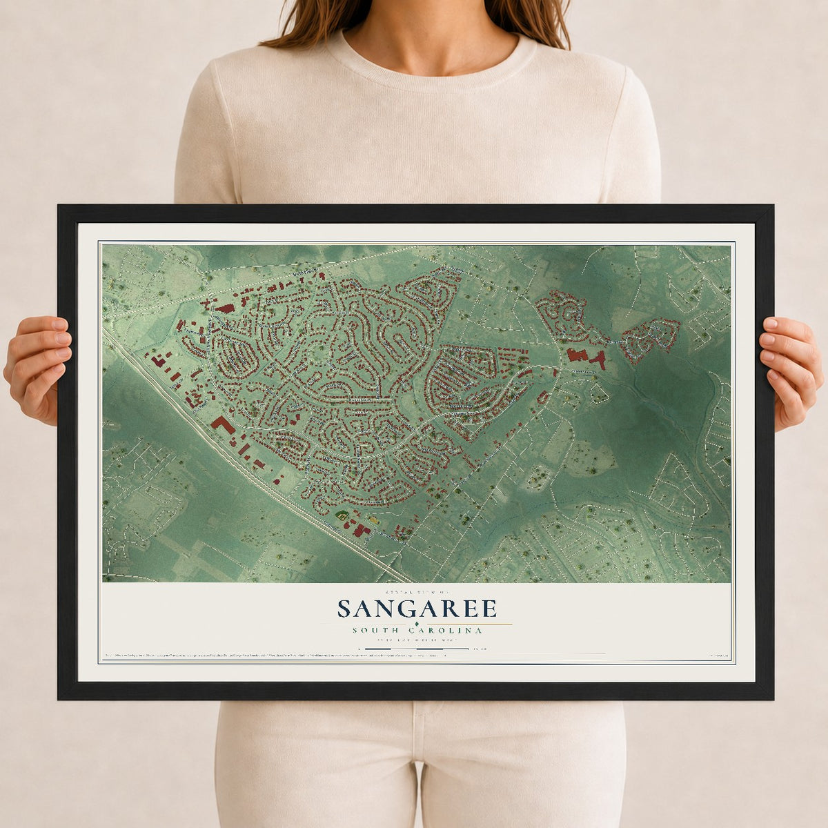 Map of Sangaree, South Carolina, 12 x 18 inch print in a black wood frame