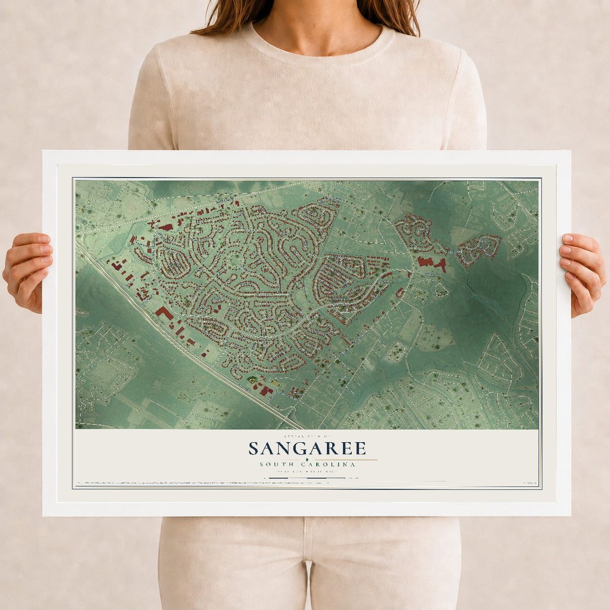 Map of Sangaree, South Carolina, 12 x 18 inch print in a white wood frame