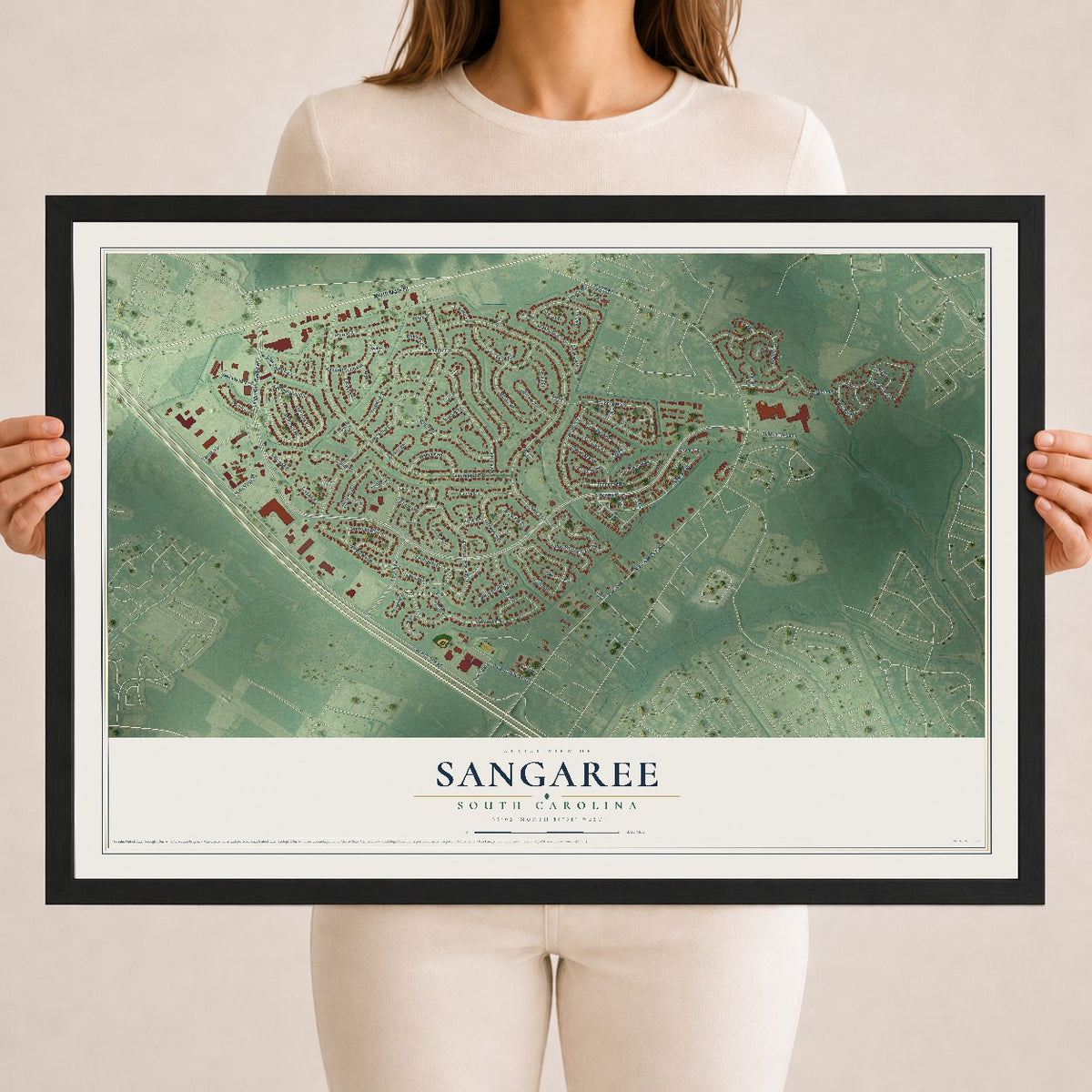 Map of Sangaree, South Carolina, 18 x 24 inch print in a black wood frame