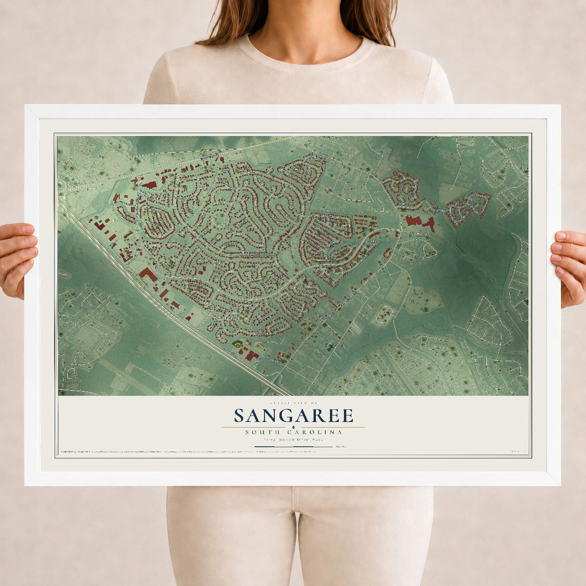 Map of Sangaree, South Carolina, 18 x 24 inch print in a white wood frame